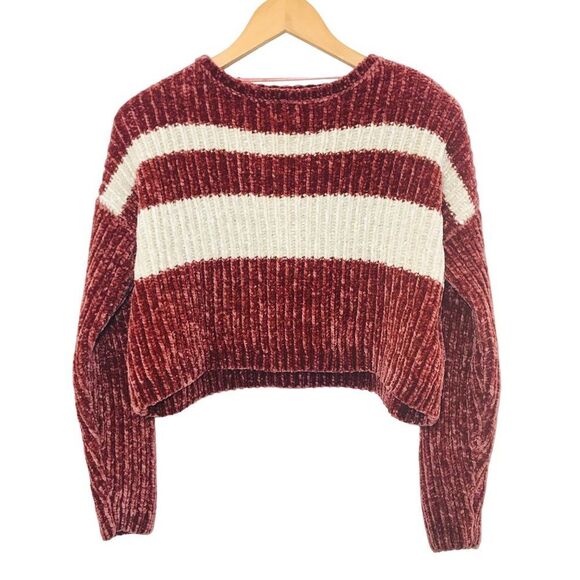LA Hearts Cropped Striped Chenille Pullover Sweater Small Red White Cozy Fall - Picture 1 of 7
